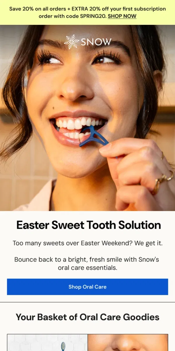 Email from Snow Teeth Whitening. Too many sweets over Easter Weekend? 🐰🍬