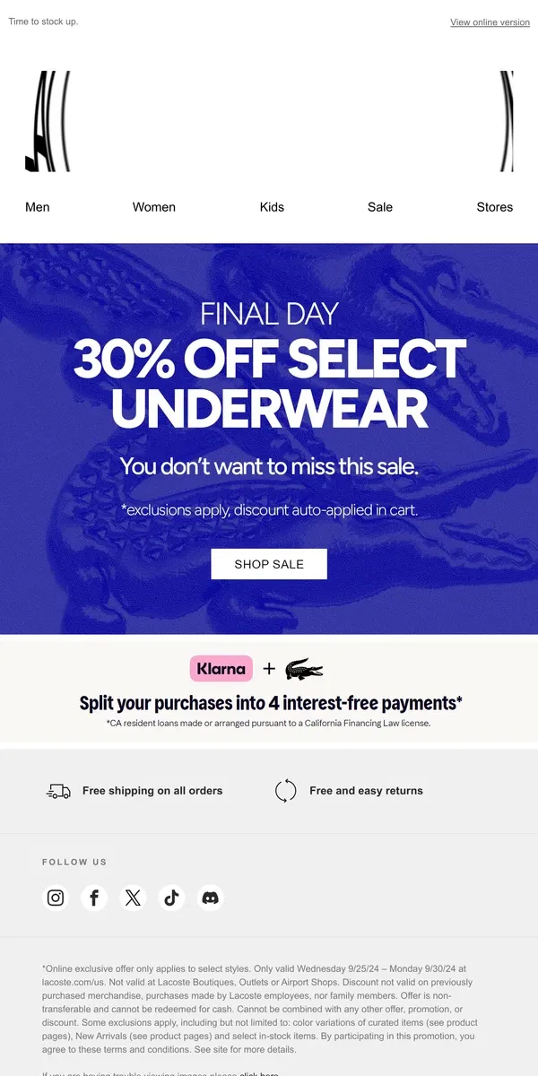 Email from Lacoste. FINAL DAY: 30% Off Select Underwear