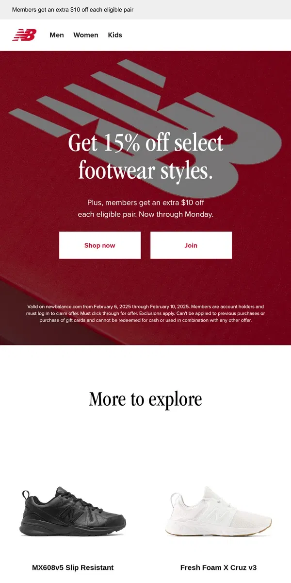 Email from New Balance. Get 15% off select footwear styles