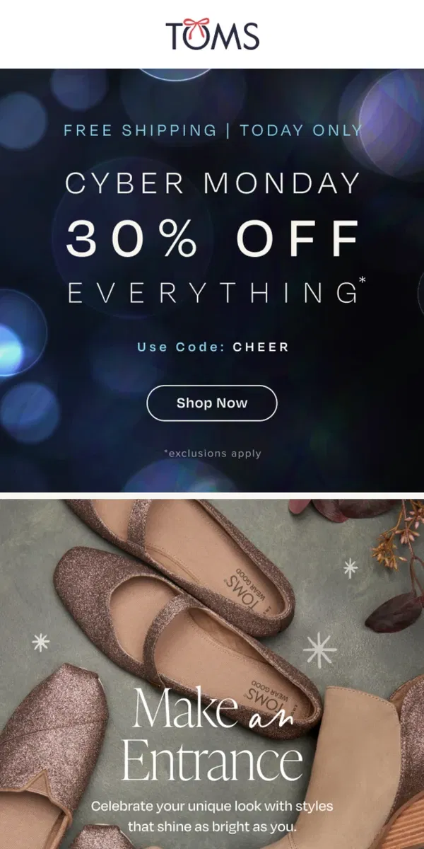 Email from TOMS. Cyber Monday + Free Shipping | Today Only