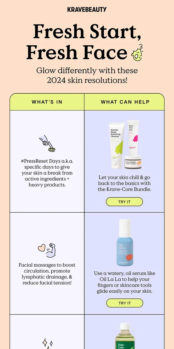 Email from KraveBeauty. Easy Skincare Resolutions for 2024 🥳