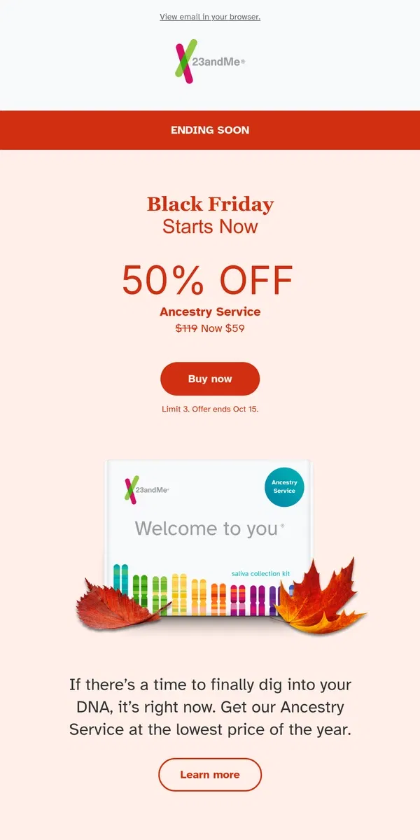 Email from 23andMe. 50% off Ancestry Service happening now