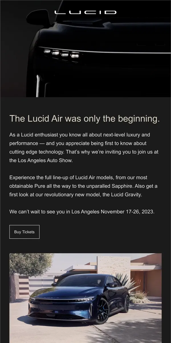 Email from Lucid Motors. Join Lucid at the LA Auto Show.