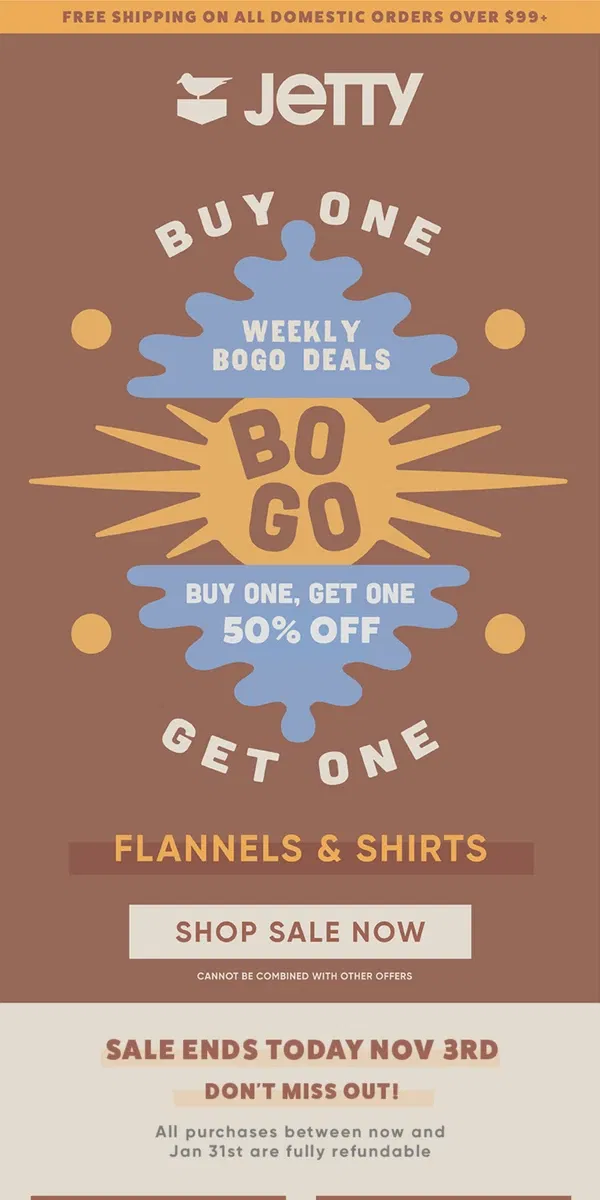 Email from Jetty. Ending Tonight! Buy 1 Get 1 - 50% OFF Flannels