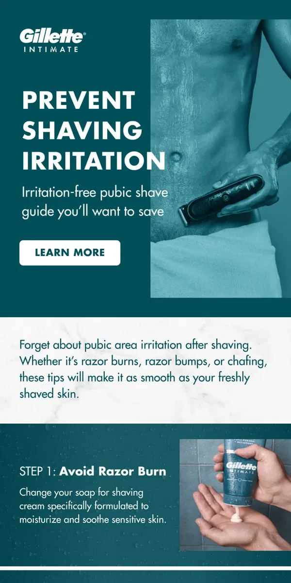 Email from Gillette. Avoid irritated skin while shaving with these tips 😎