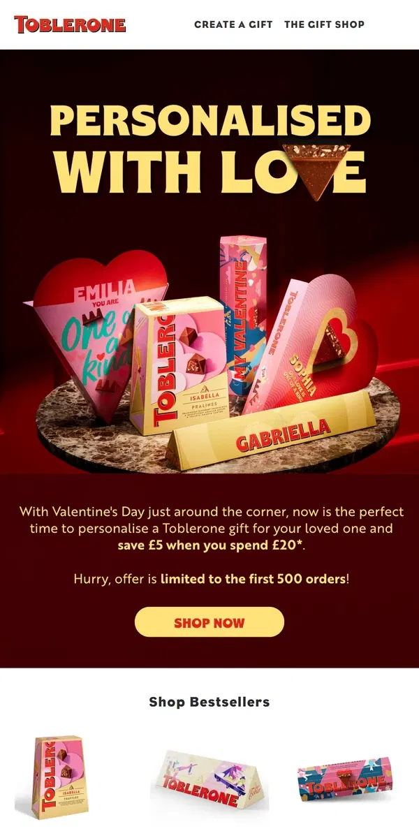 Email from Toblerone. Treat your Valentine with £5 off 💝