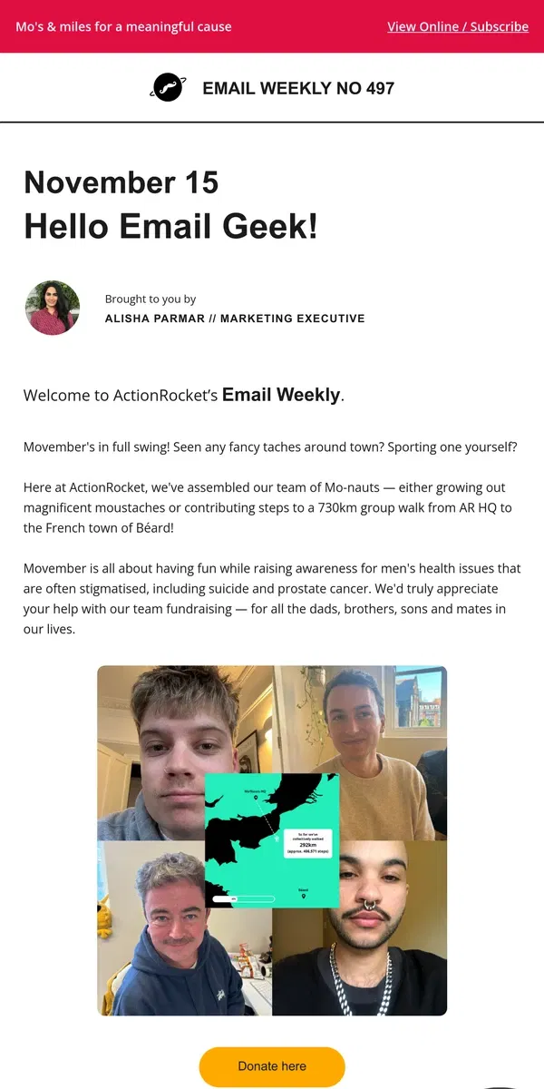 Email from ActionRocket. EmailWeekly #497: Join our Movember mission 🥸🚀