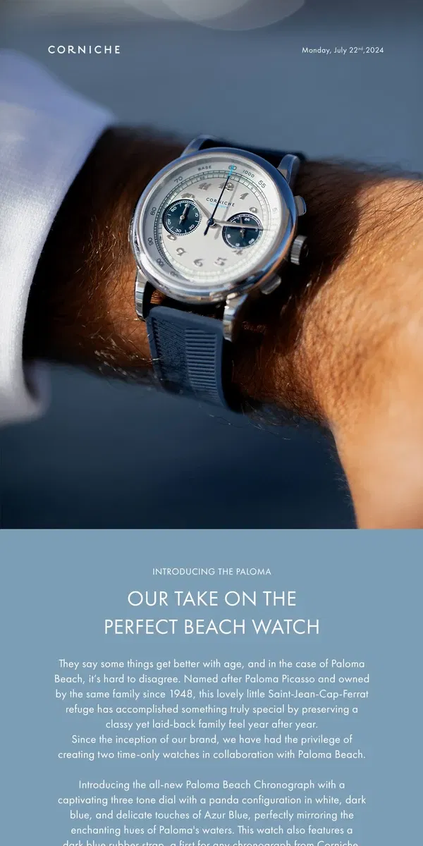 Email from Corniche Watches. A Day at Paloma Beach