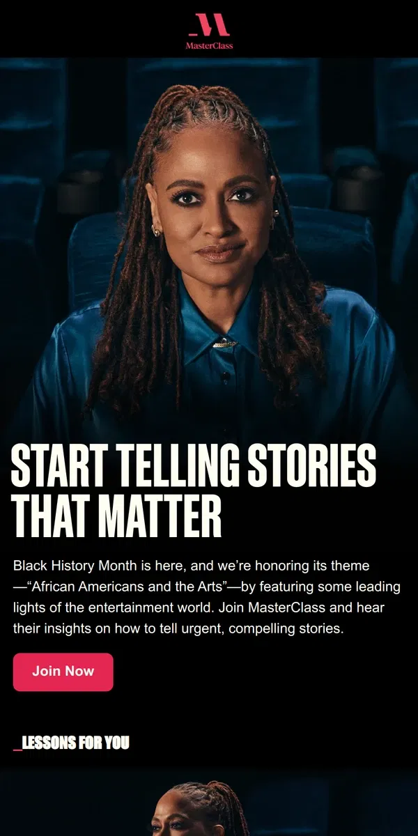 Email from Masterclass. This BHM, tell stories that make a difference