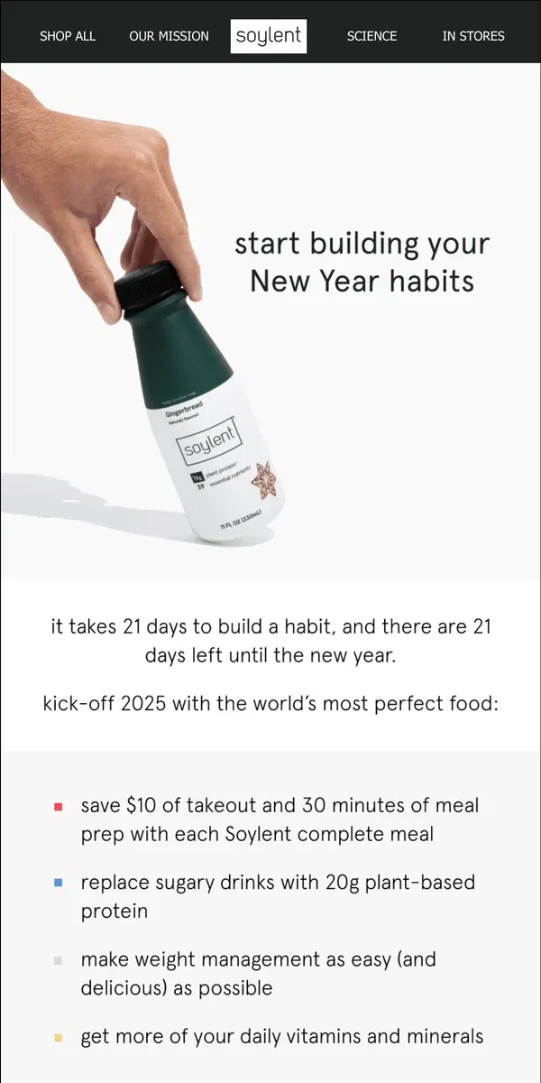 Email from Soylent. 21 days left to build a new habit!