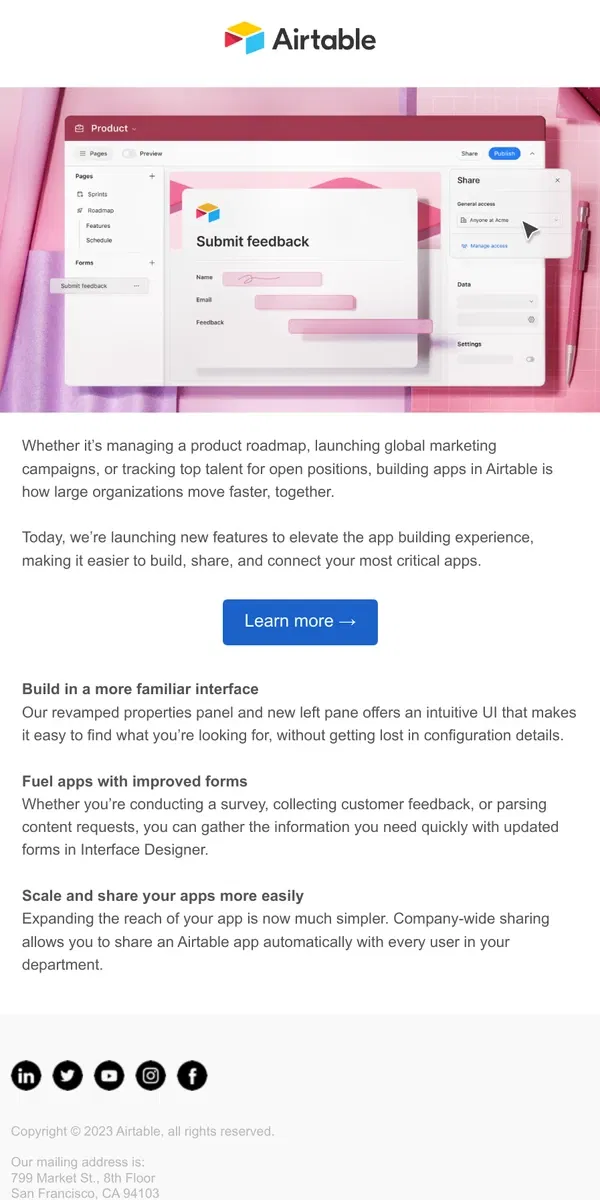 Email from Airtable. New this month: Improved app builder experience