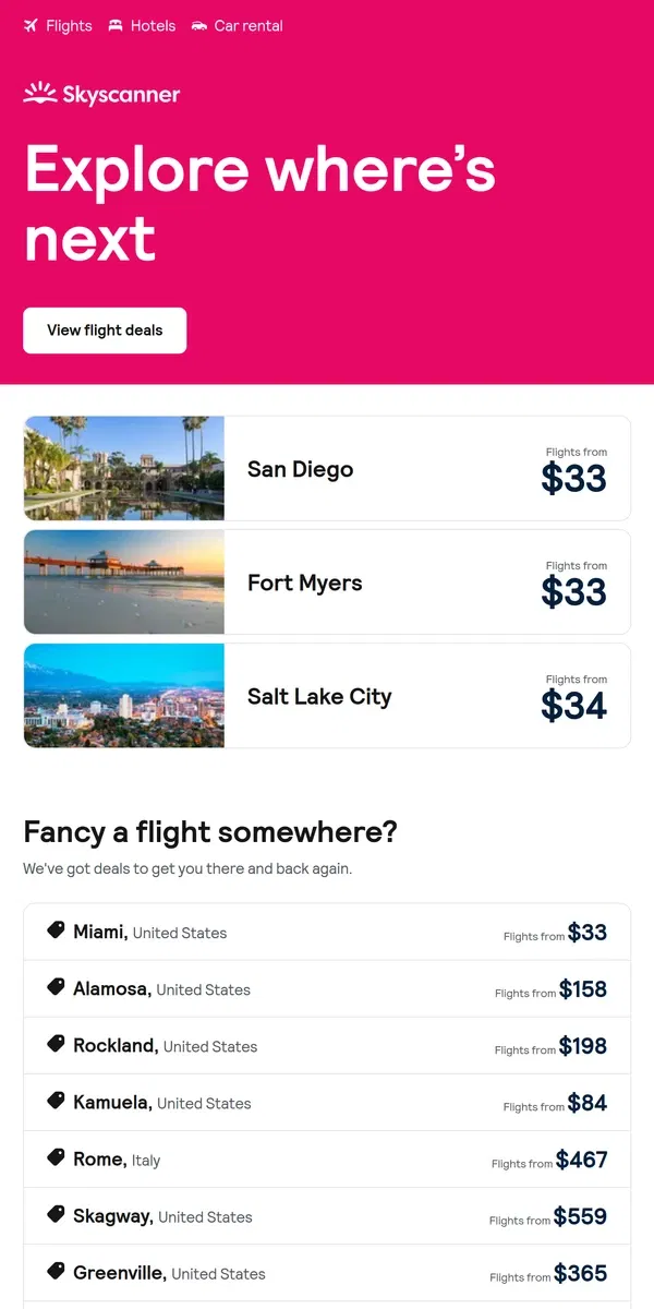 Email from Skyscanner. San Diego from $33 and more ✈️