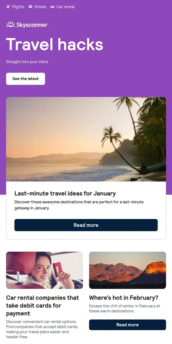 Email from Skyscanner. Last-minute travel ideas for January