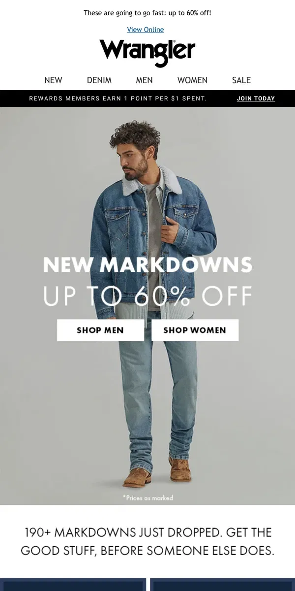 Email from Wrangler. 190+ fresh markdowns