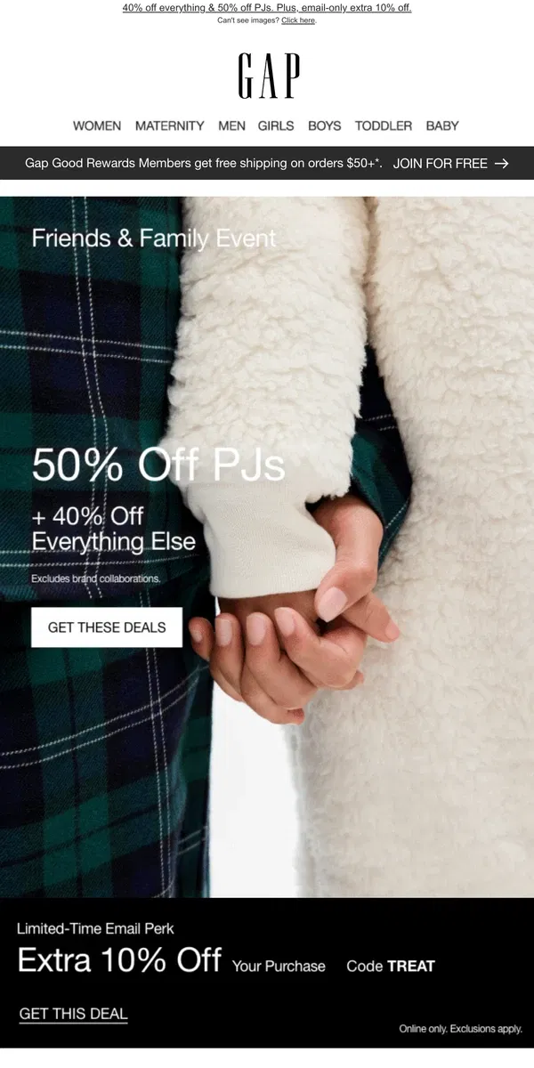 Email from GAP. ON TREND: Faux-Leather Pants + 50% off all PJs