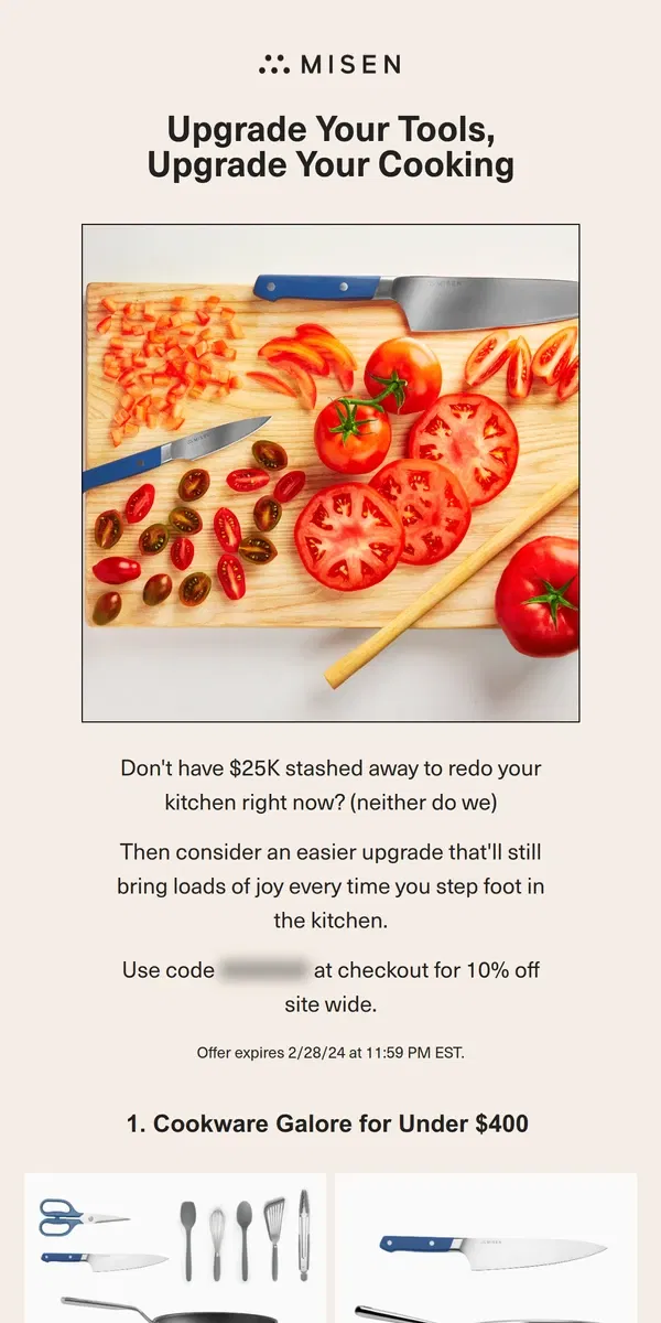 Email from Misen. Get 10% Off & Upgrade Your Kitchen For Under $400