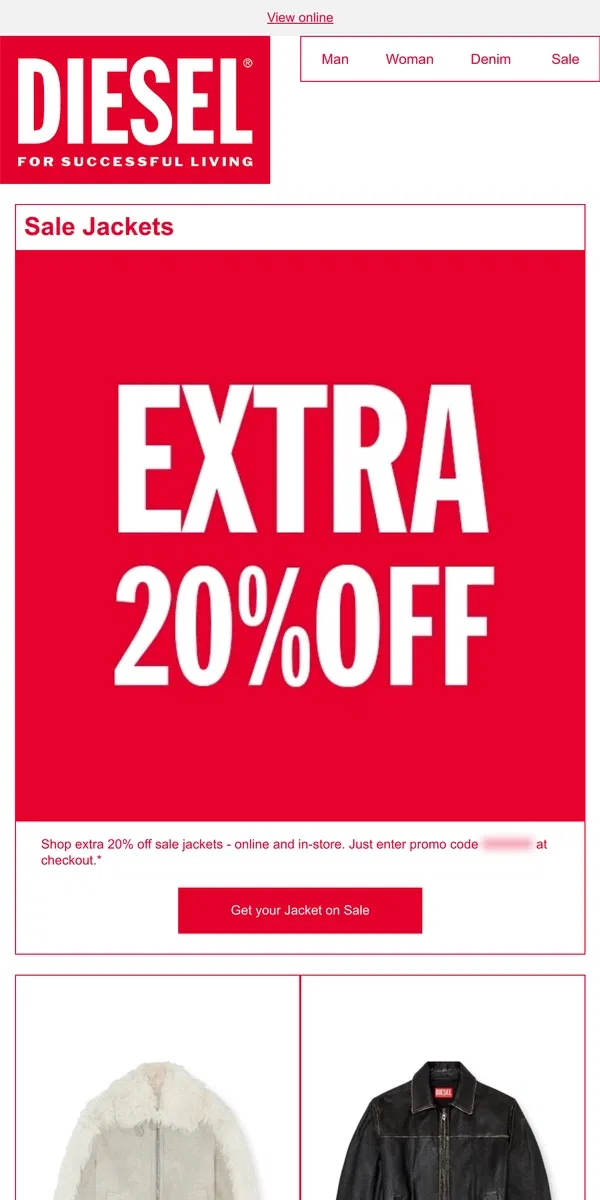 Email from Diesel. Sale Alert: Extra 20% Off Sale Jackets