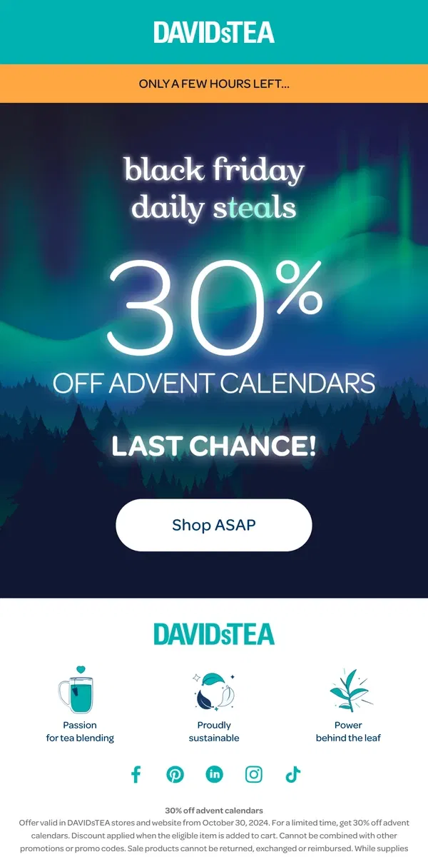 Email from DAVIDsTEA. 30% off ends at midnight