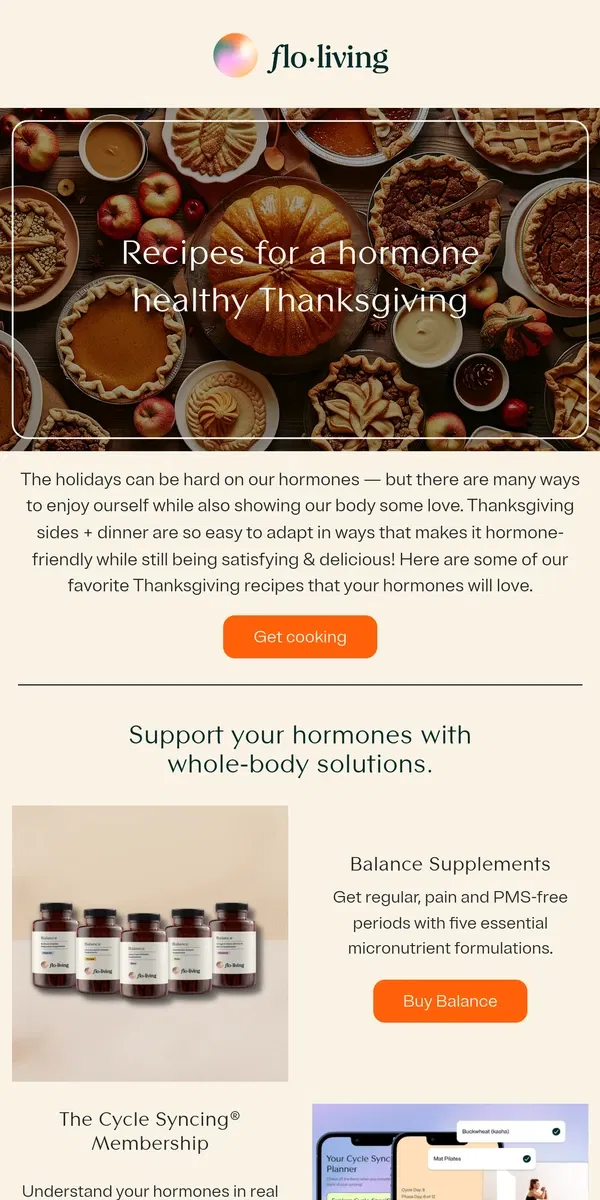 Email from FLO Living. Hormone-healthy Thanksgiving recipes 🥧🍁🍗