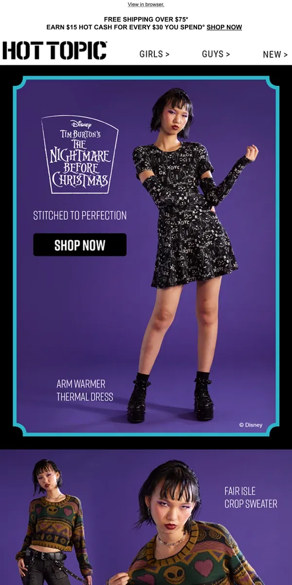 Email from Hot Topic. Haunting The Nightmare Before Christmas styles inspired by Sally 🪡