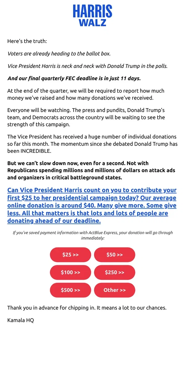 Email from Kamala Harris. We are being outspent in critical battleground states