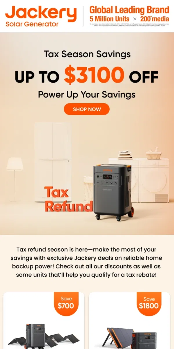 Email from Jackery. Tax Refund Season Promotion Begins! | Up to $3100 Off!