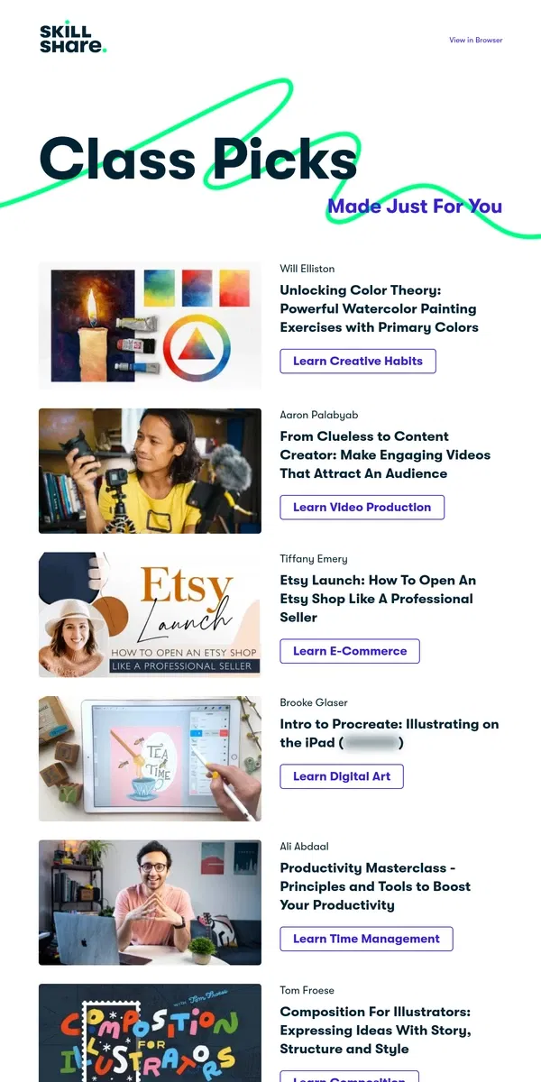 Email from Skillshare. Your Recommended Classes