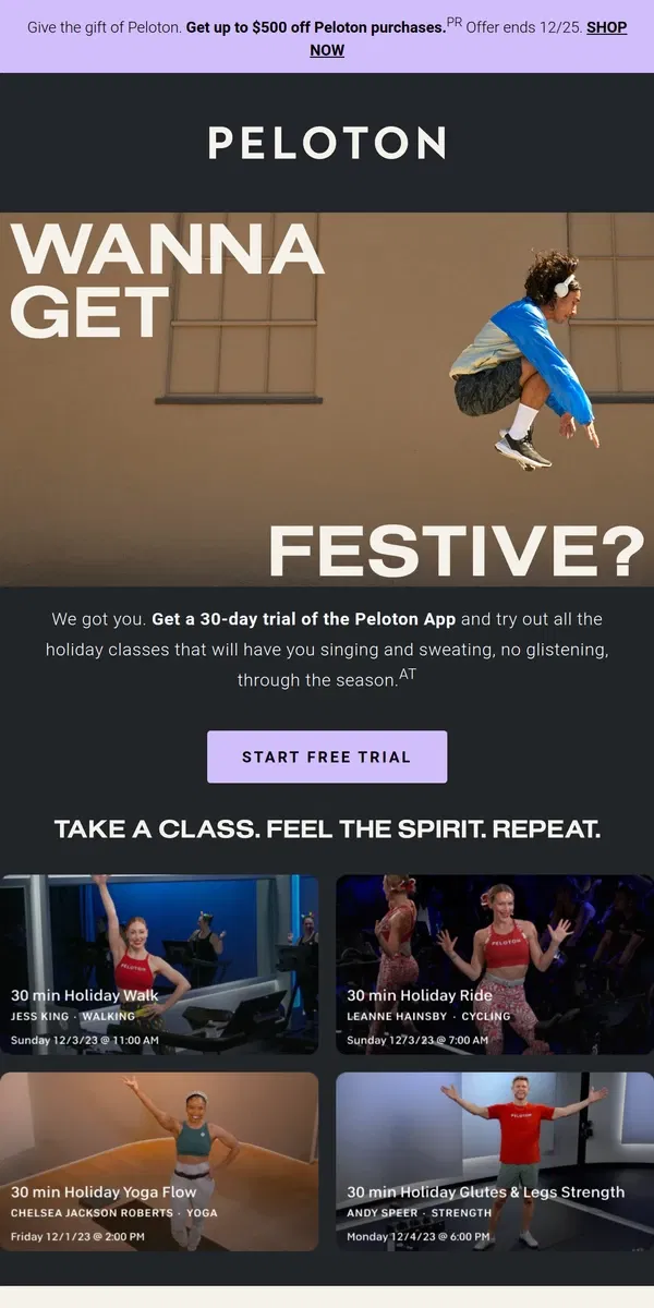 Email from Peloton. The best way to spread holiday cheer...