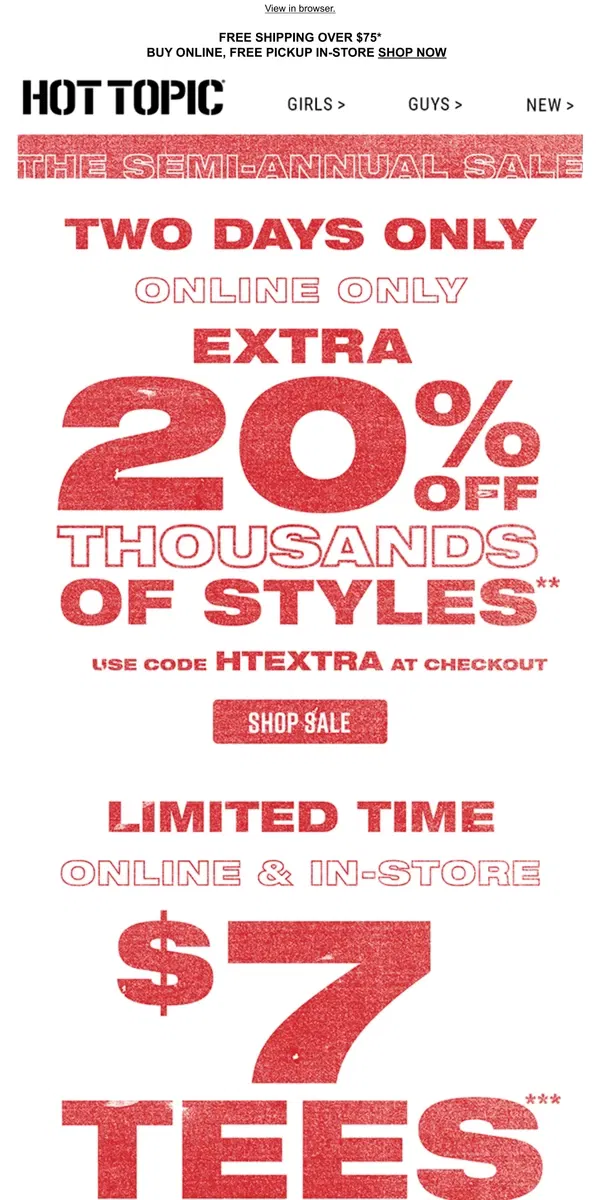Email from Hot Topic. ❗ Take an EXTRA 20% OFF Clearance styles ⏰ Limited time ⏰