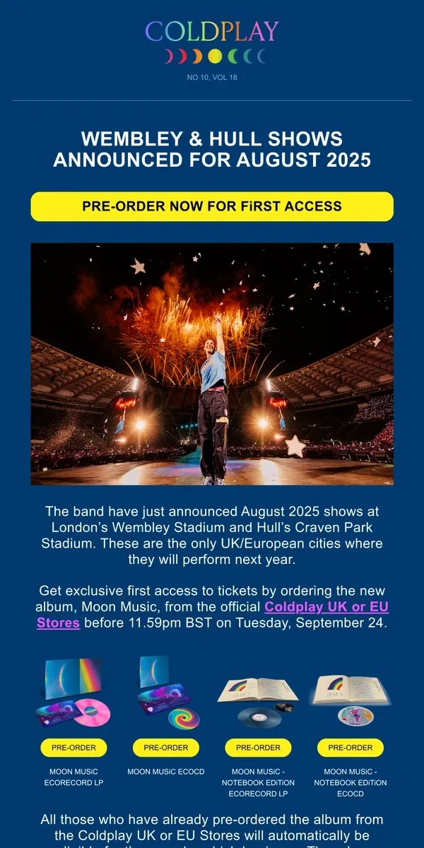 Email from Coldplay. UK SHOWS 2025 - GET EXCLUSIVE FIRST ACCESS TO TICKETS! ✨