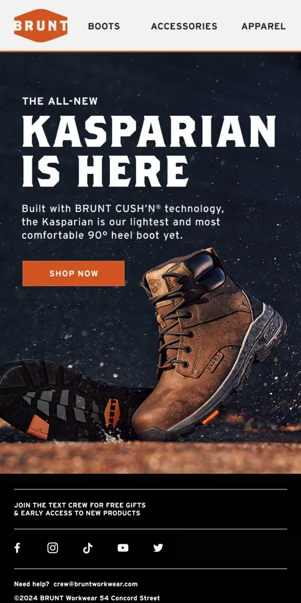 Email from BRUNT Workwear. The All-New Kasparian Boot is here