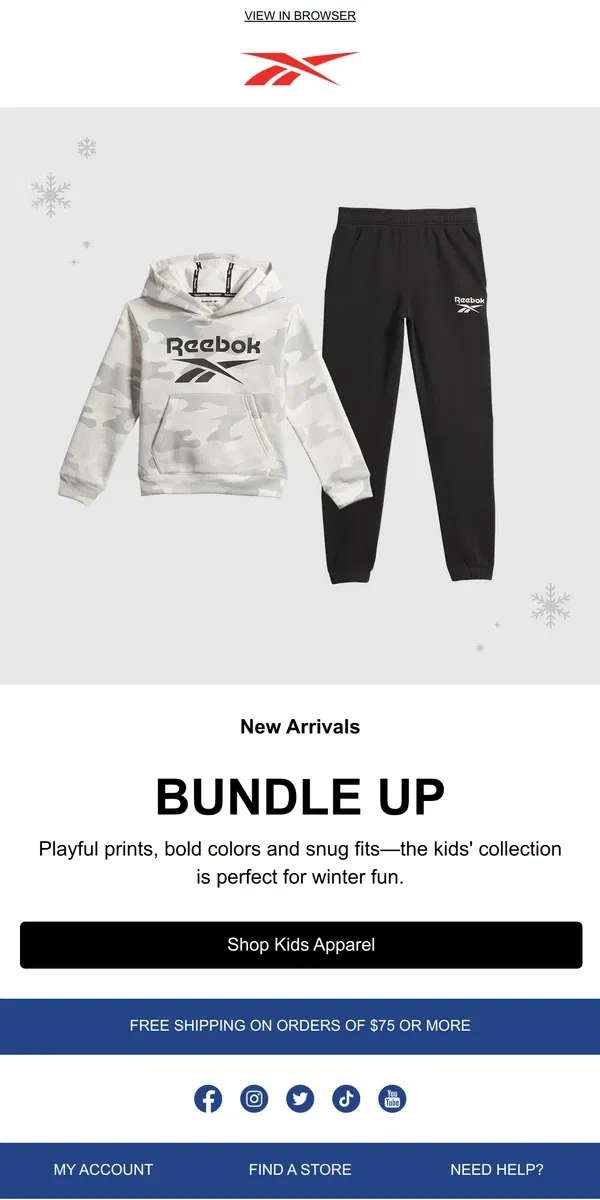 Email from Reebok. New kids apparel right on time