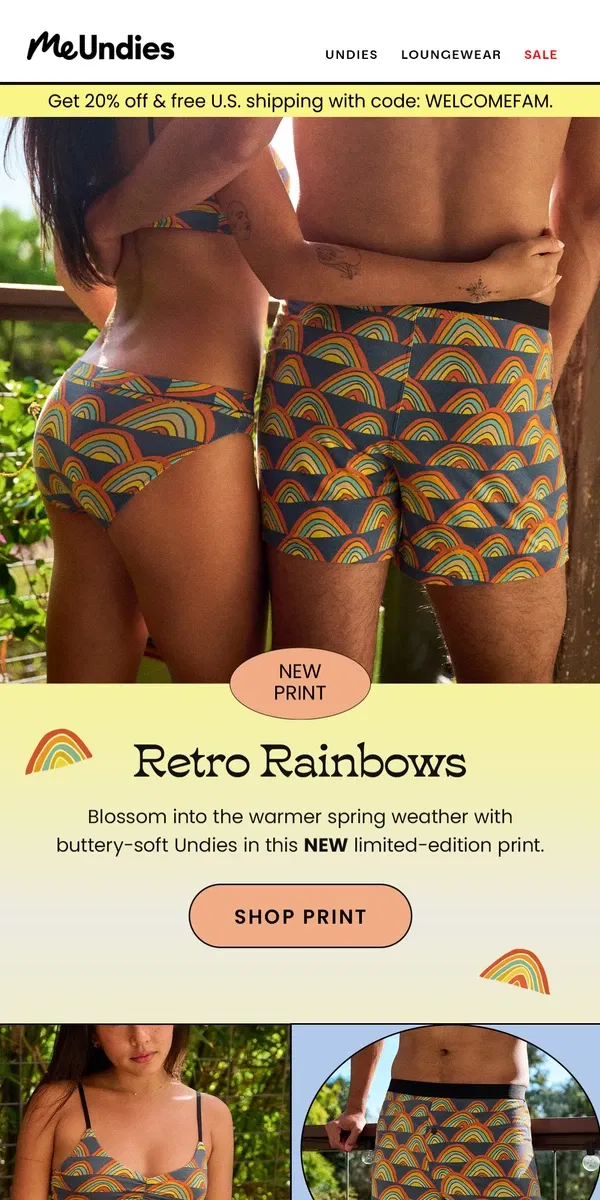 Email from MeUndies. 🌈 Wash Away the Blues in Our New Retro Rainbow Print 🌈