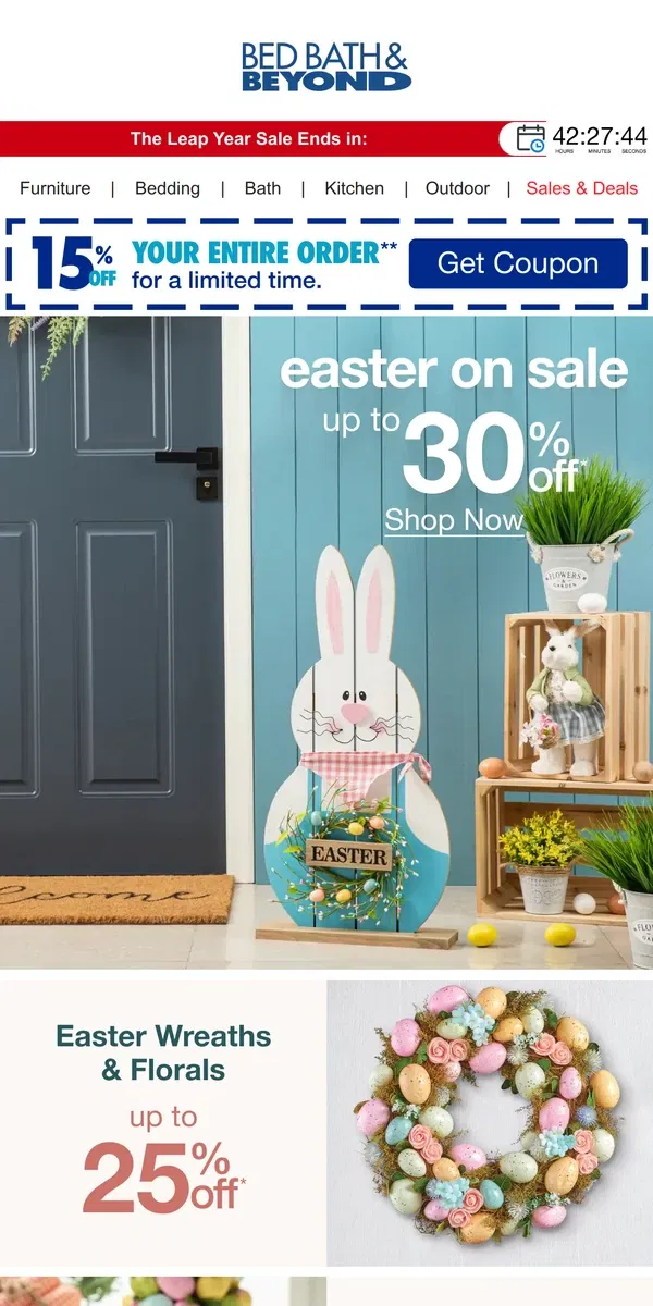 Email from Bed Bath & Beyond. Take up to 30% Off Easter Celebration Essentials 🐰🐣