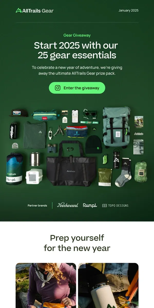 Email from AllTrails. Win the ultimate AllTrails Gear prize pack