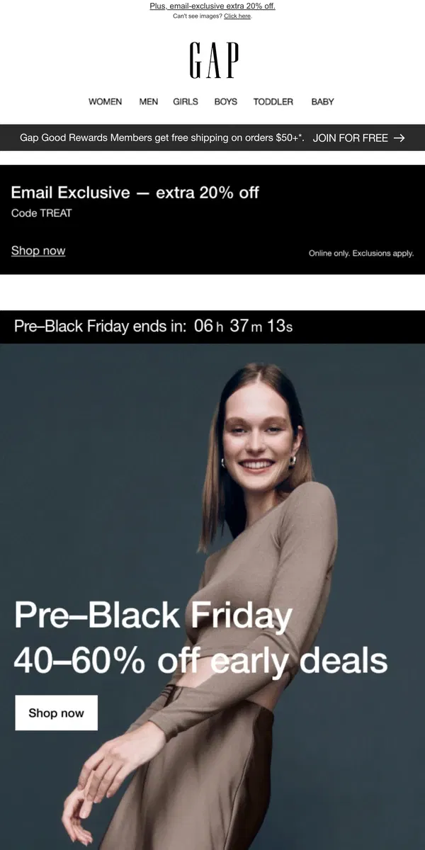 Email from GAP. Last chance to shop these 40–60% off deals