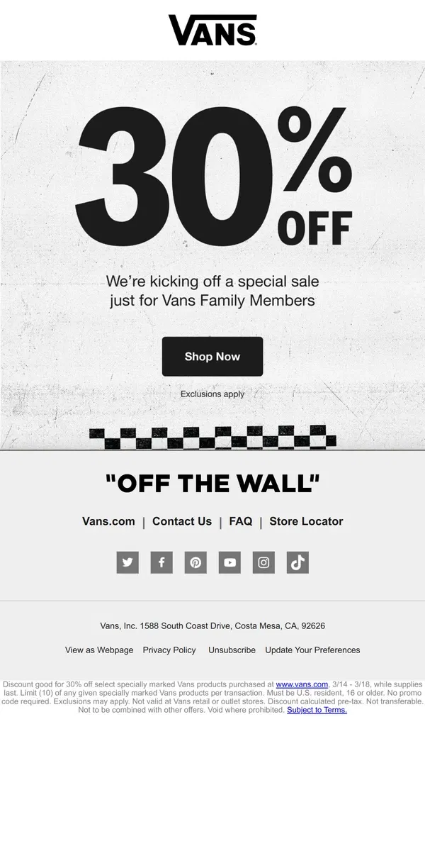 Email from Vans. STARTS TODAY! 30% OFF JUST FOR YOU