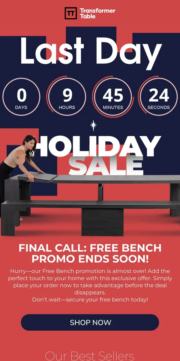 Email from Transformer Table. 🎁 Last Day! Holiday Sale : Free Gifts!