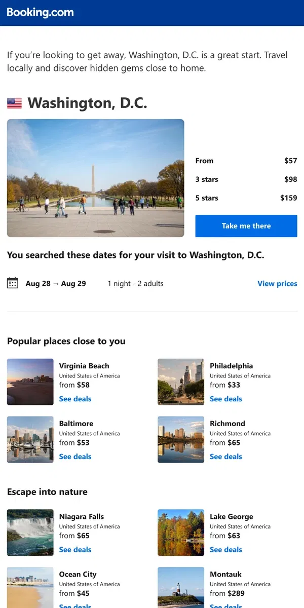 Email from Booking.com. Deals in Washington, D.C. from $57 for your dates