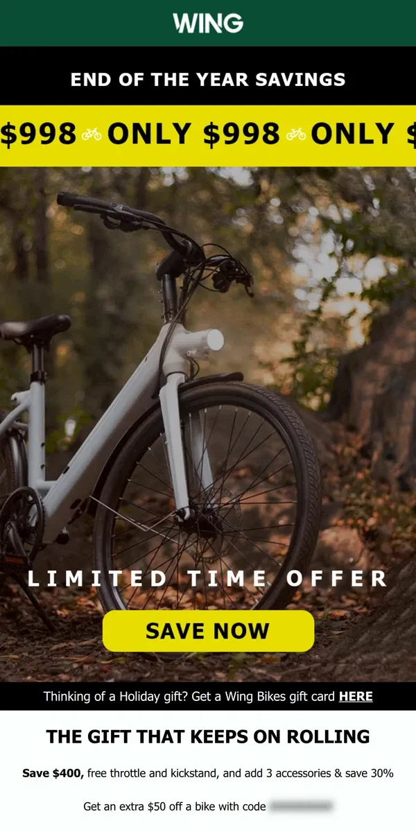 Email from Wing Bikes. Unwrap This 🎁: Starting at  $998