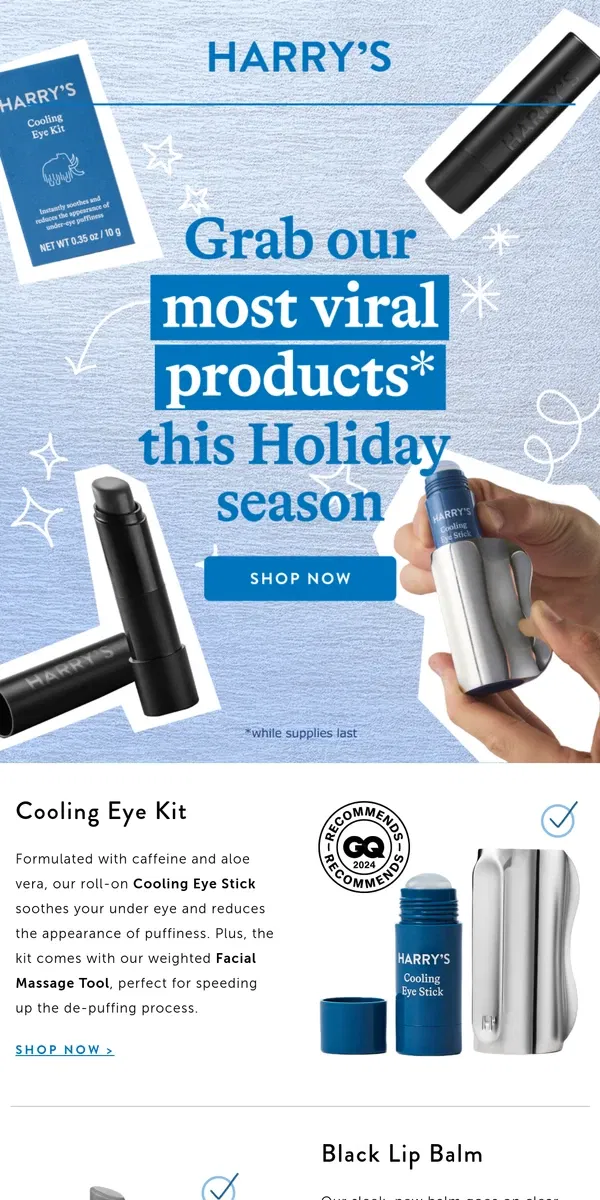 Email from Harry's. Harry’s hottest stocking stuffers are back in stock 🎁!