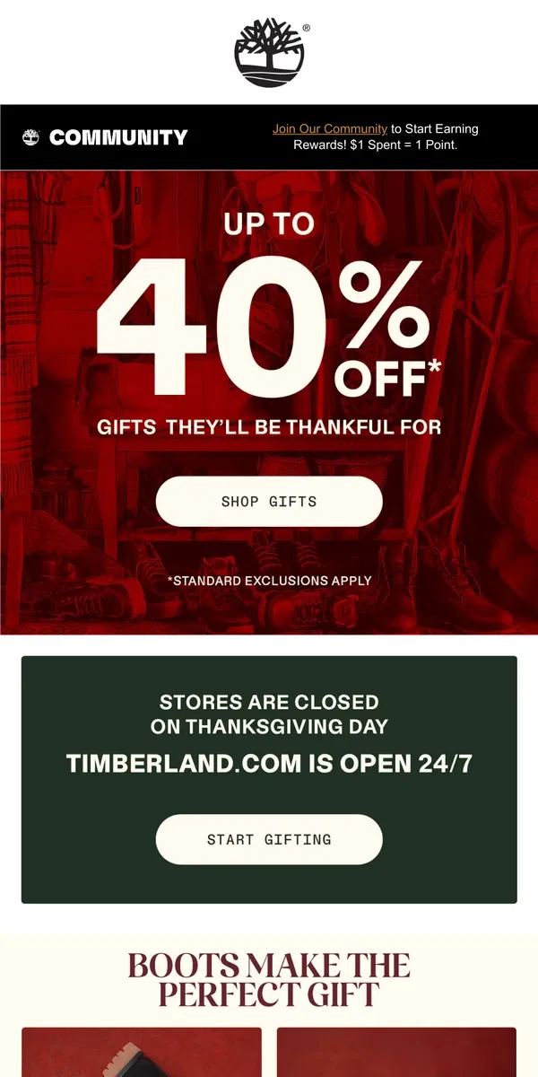 Email from Timberland. Up To 40% Off Gifts They'll Be Thankful For.