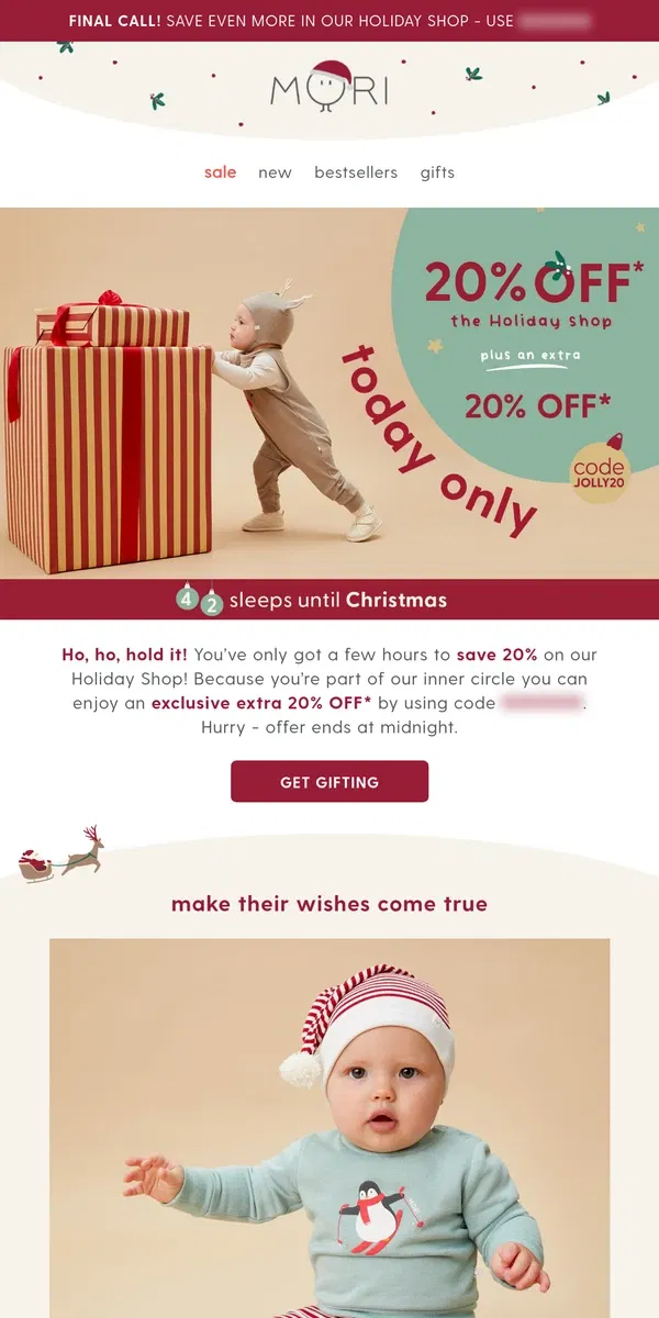 Email from MORI. Today only! 20% + extra 20% off the Holiday Shop 🎄