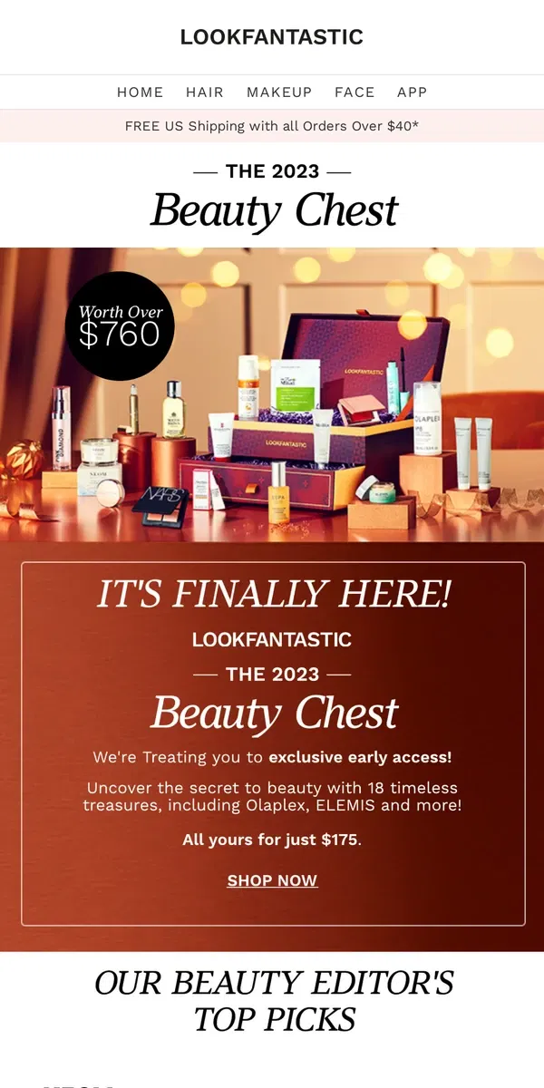 Email from LOOKFANTASTIC. IT'S HERE! Beauty Chest 2023 🎁 Worth Over $760