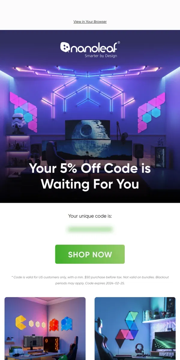 Email from Nanoleaf. Don't Forget Your 5% Off Code!