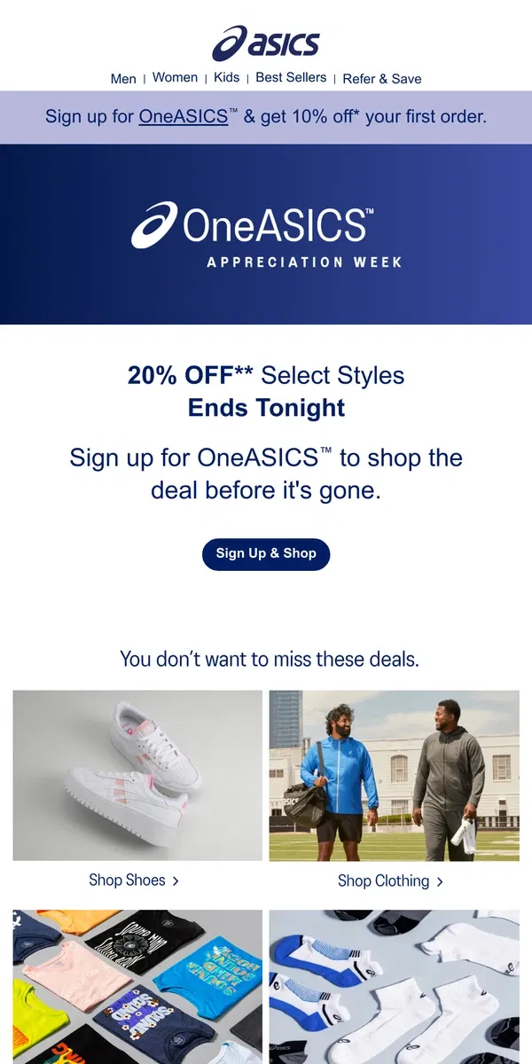 Email from ASICS. OneASICS™ Appreciation Week ends TONIGHT!