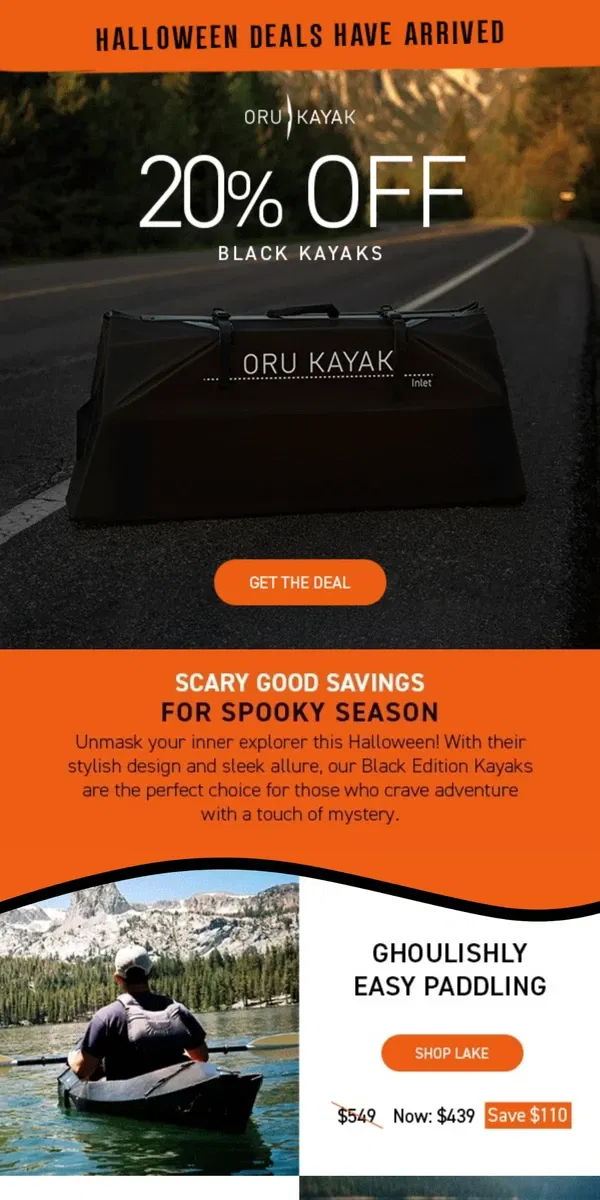 Email from Oru Kayak. 20% OFF Black Kayaks: Our Darkest Deals Are Here 🖤