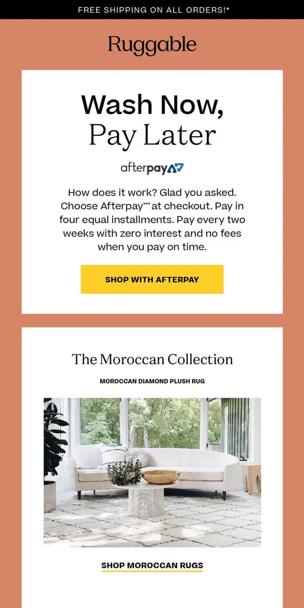 Email from Ruggable. Wash Now, Pay Later!