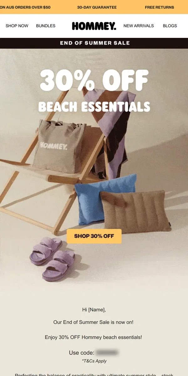 Email from Hommey. 30% Off Beach Essentials 🏖️