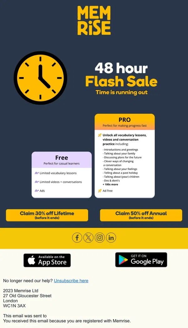 Email from Memrise. ⏰ 48 hour flash sale on Lifetime and Annual